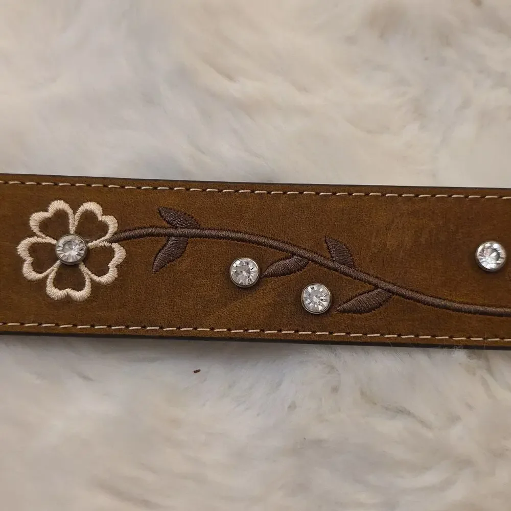 Ariat Genuine Leather Brown Embroidered Flowers Rhinestone Conches Belt Womens L